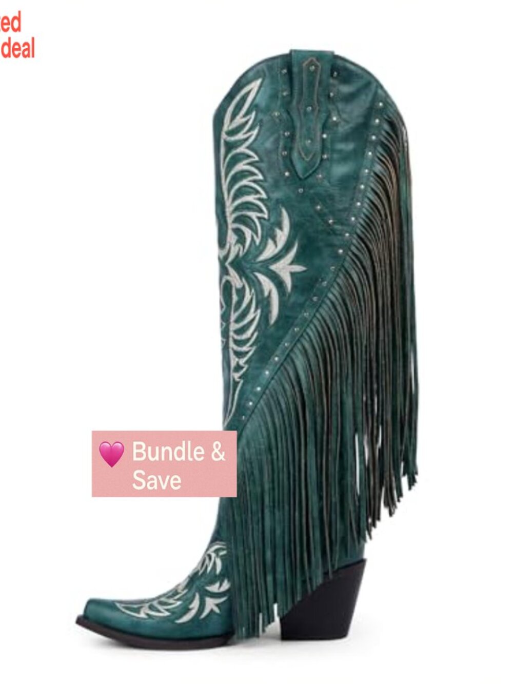 Fringed Cowgirl Boots Embroidered Studded Pointed Toe Chunky Heel Western Knee - Picture 4 of 7